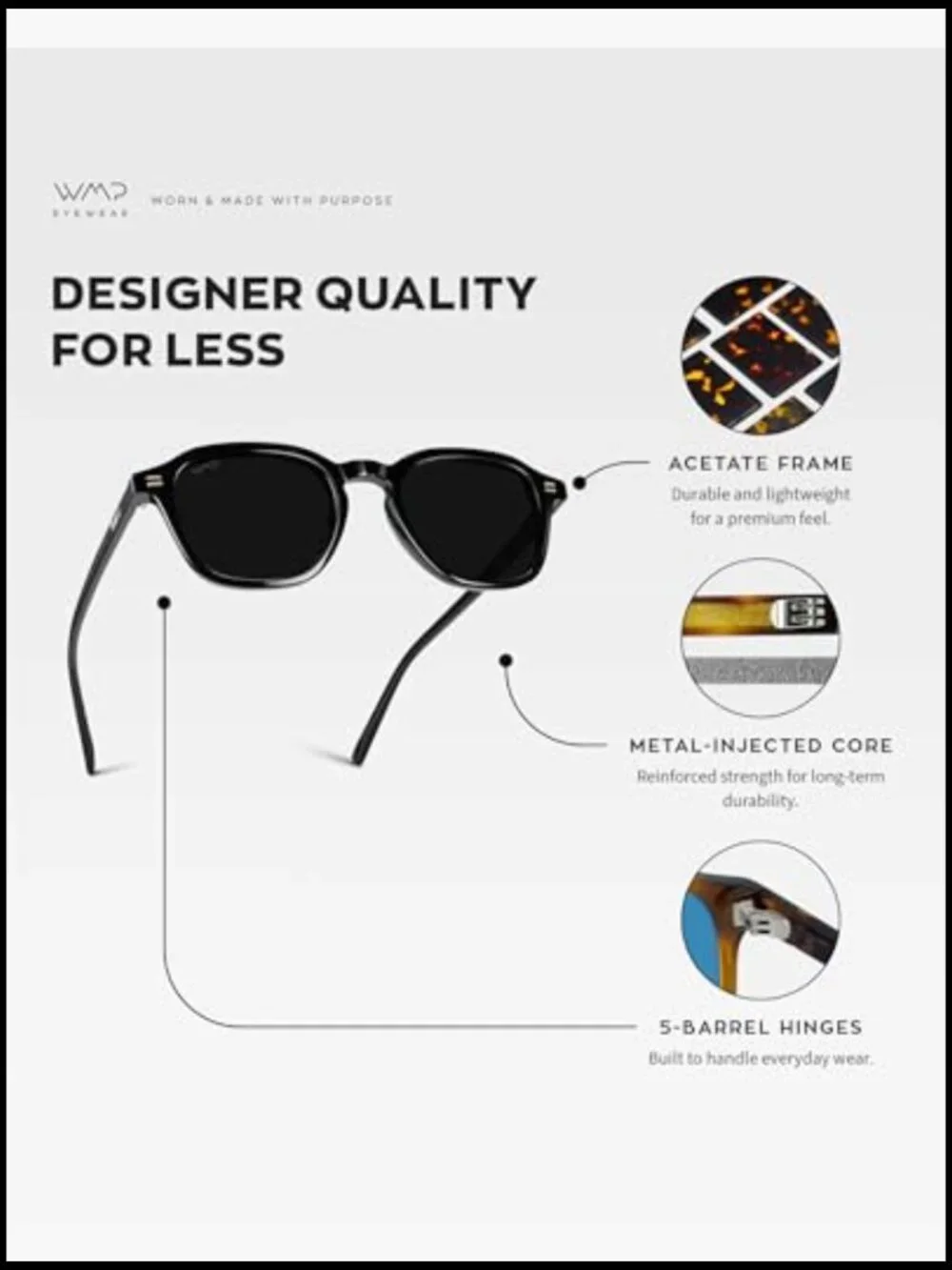 Men's Polarized Retro Square Sunglasses, Acetate Frame, Keyhole Bridge